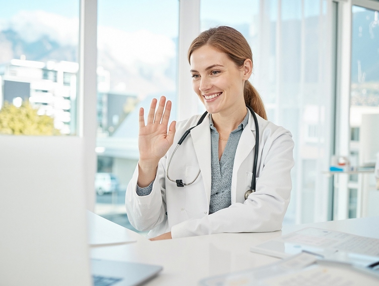 A doctor wearing a white coat and stethoscope sits at a desk, smiling and waving at a laptop during a video call in a bright office.